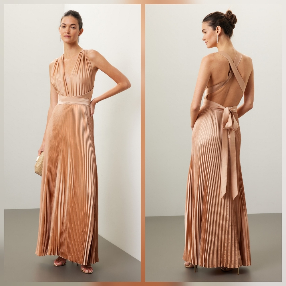 L'Idee Moderniste Pleated Satin Maxi Dress in Blush